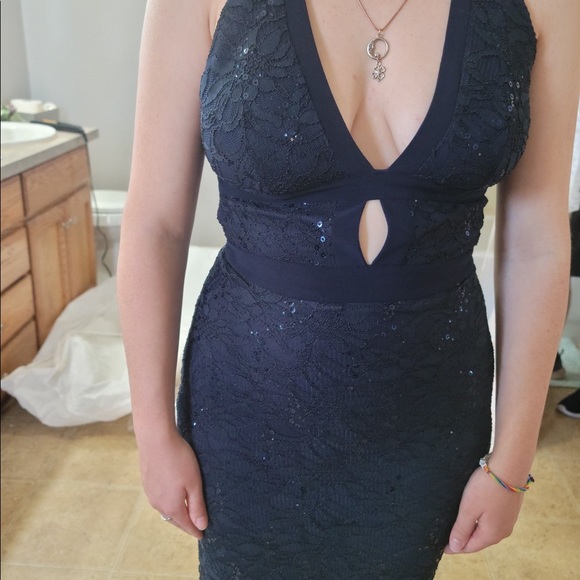 Navy Lace Prom Dress - Picture 4 of 6
